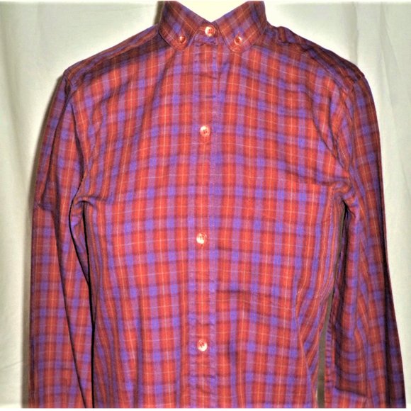 button-down blouse with breast pocket; red & blue checkered - Picture 2 of 4